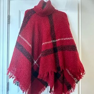 Ladies Red Plaid Festive Poncho